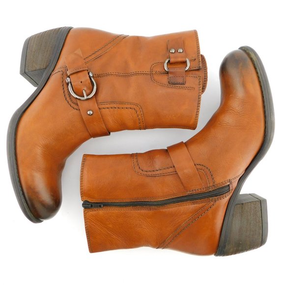 CLARKS Cognac Brown Leather Block Heel Buckled Ankle Boots 9 - Picture 3 of 7